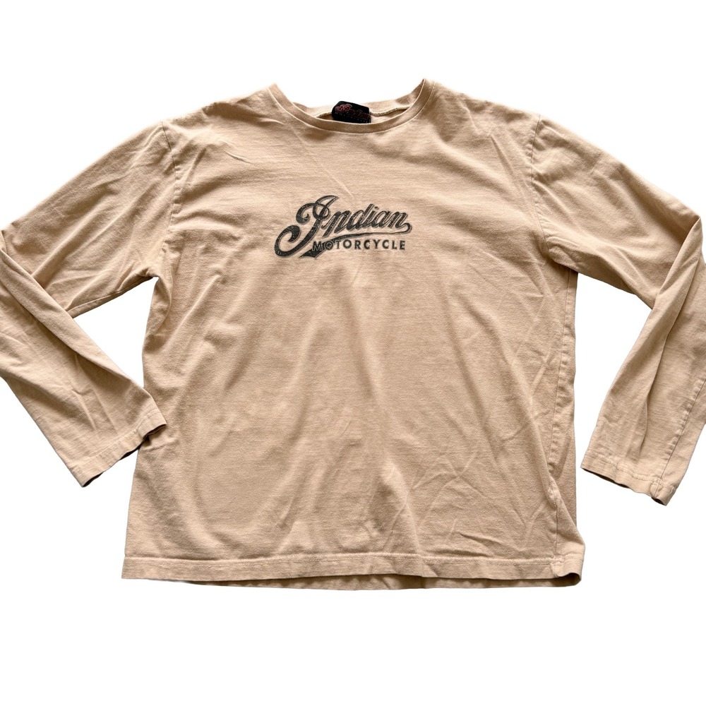 Indian Motorcycle Mens Long Sleeve Graphic T-Shirt Tan Beige Logo Size L Large